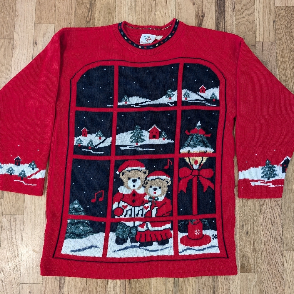 NUTCRACKER Ugly Christmas Sweater Bear Couple Window Scene Jumper S VINTAGE